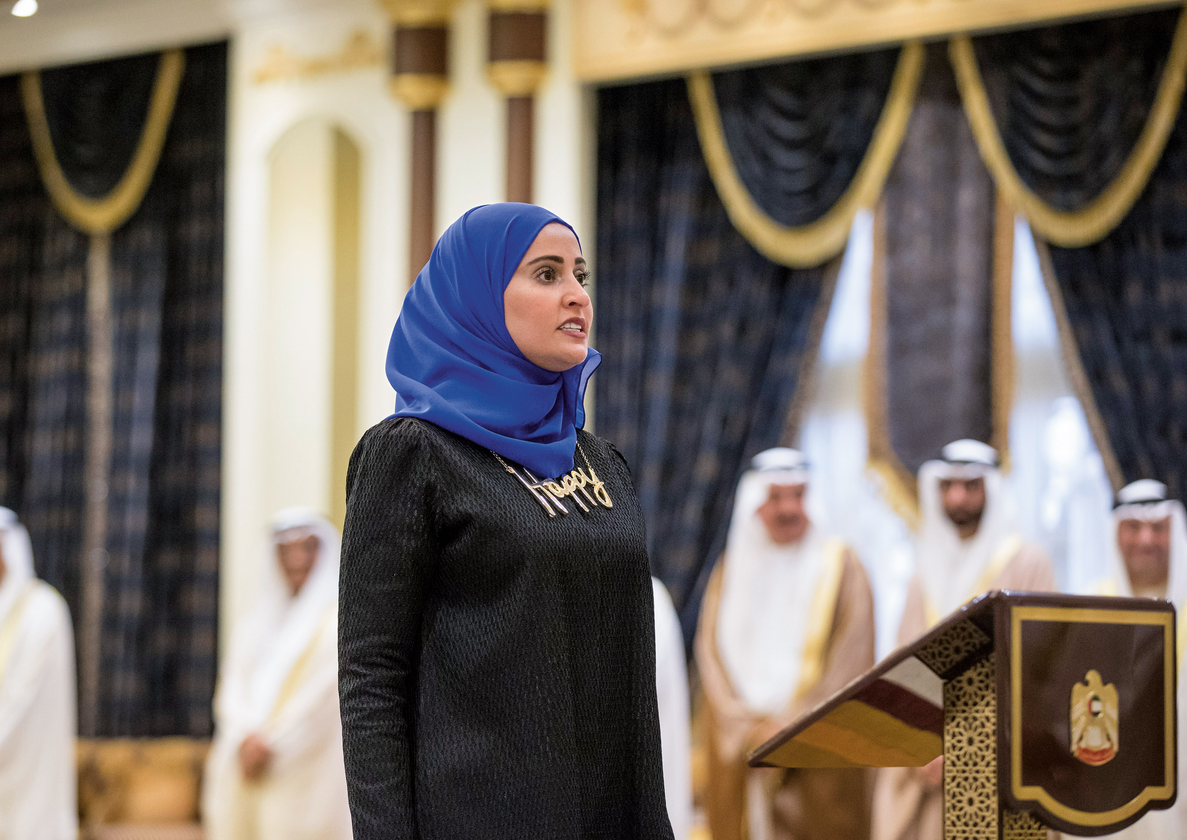 (HEADER)-Ohood-Al-Roumi,-UAE-Minister-of-State-for-Happiness,-giving-an-oath,-2016